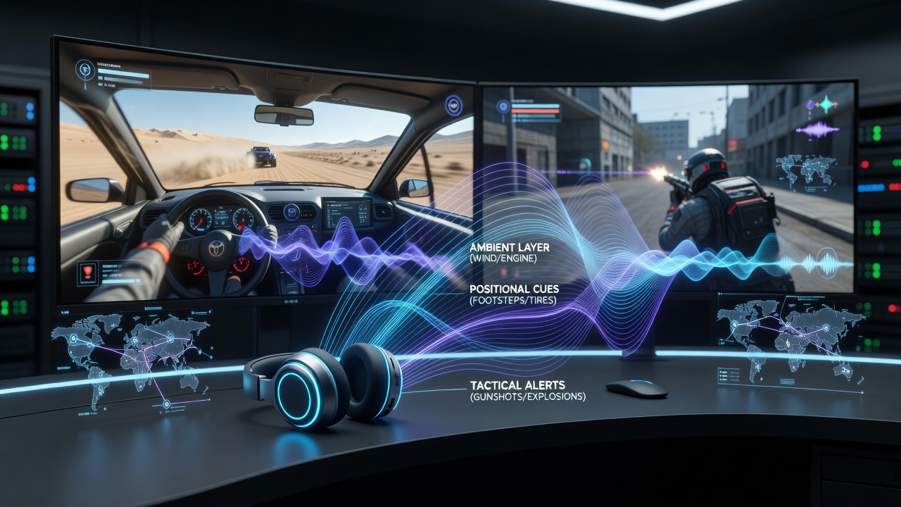 Players engaged in web-based racing and shooting sessions using layered audio cues for spatial positioning