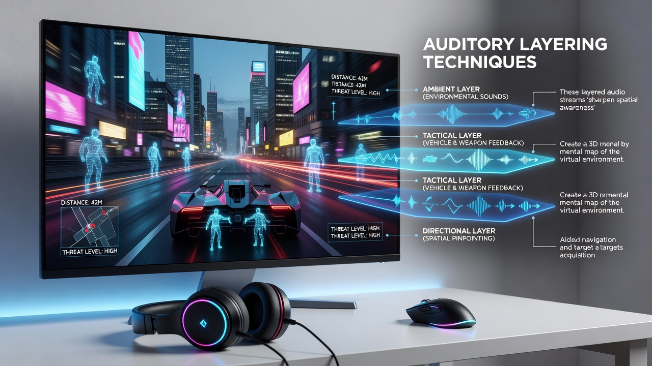 Distributed player groups coordinating during web-based shooting sessions with layered spatial audio cues