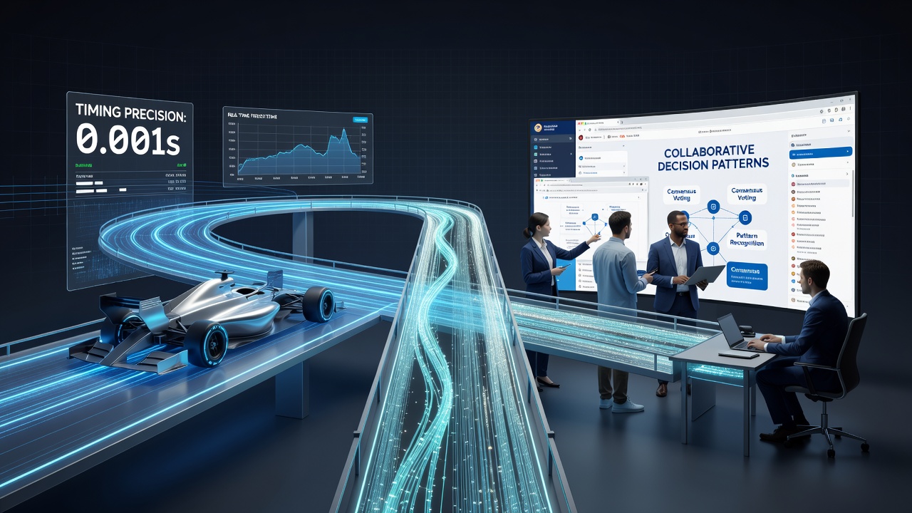 Distributed team members coordinating strategy moves in a browser strategy hybrid while referencing timing data from integrated racing elements
