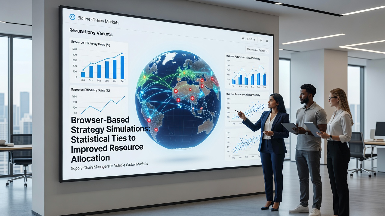 Browser interface showing supply chain strategy simulation dashboard with resource allocation charts and global market volatility indicators