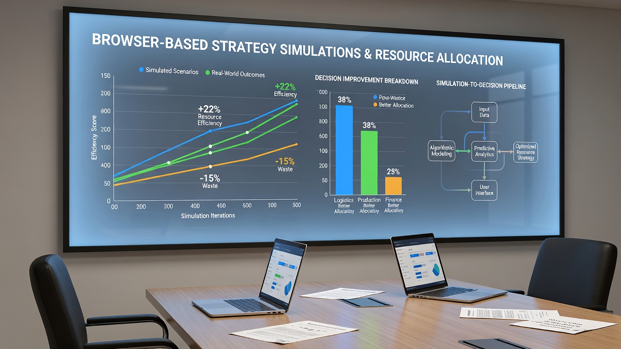 Supply chain manager reviewing simulation results on a laptop screen with overlaid statistical graphs showing allocation improvements