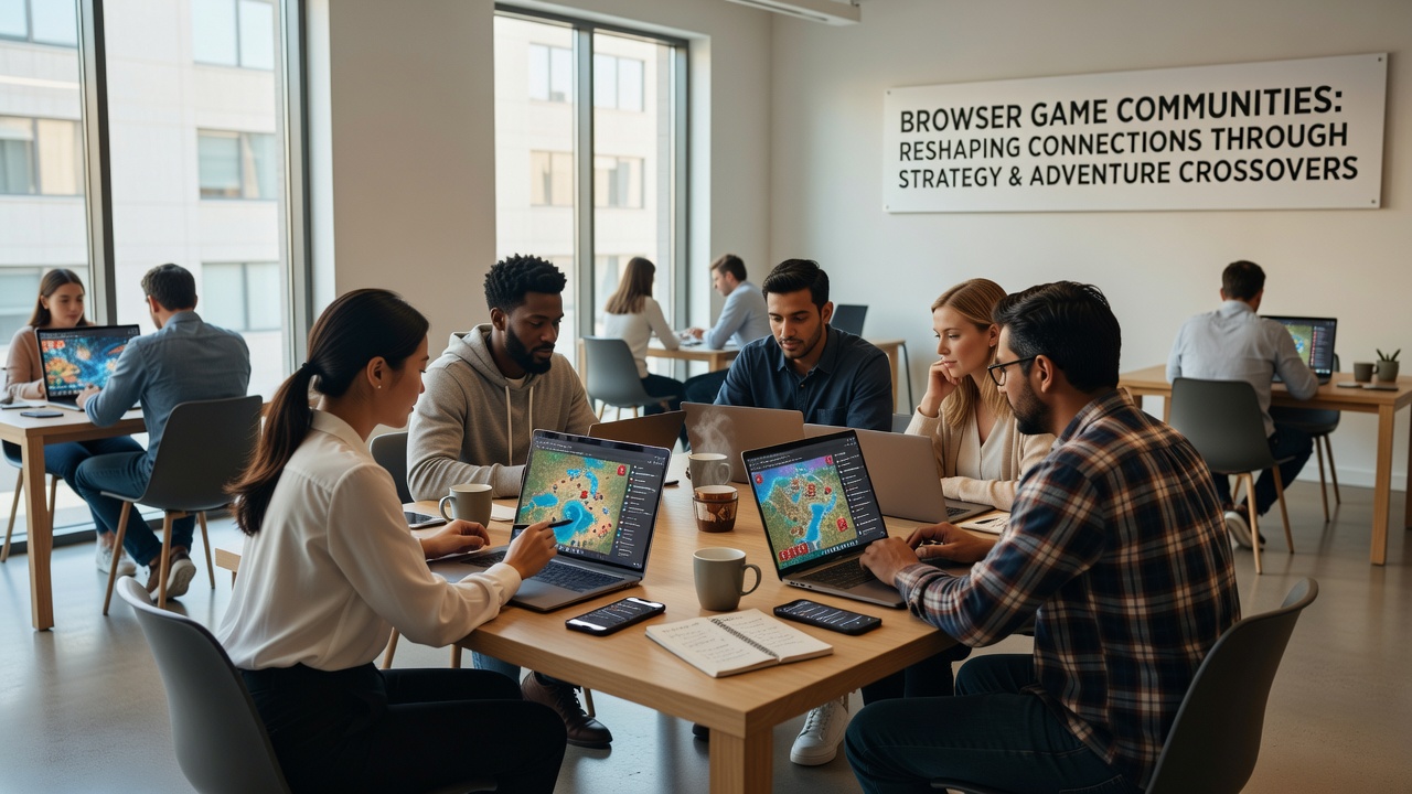 Dispersed adult players engaging in browser-based strategy and adventure crossover games that foster social connections