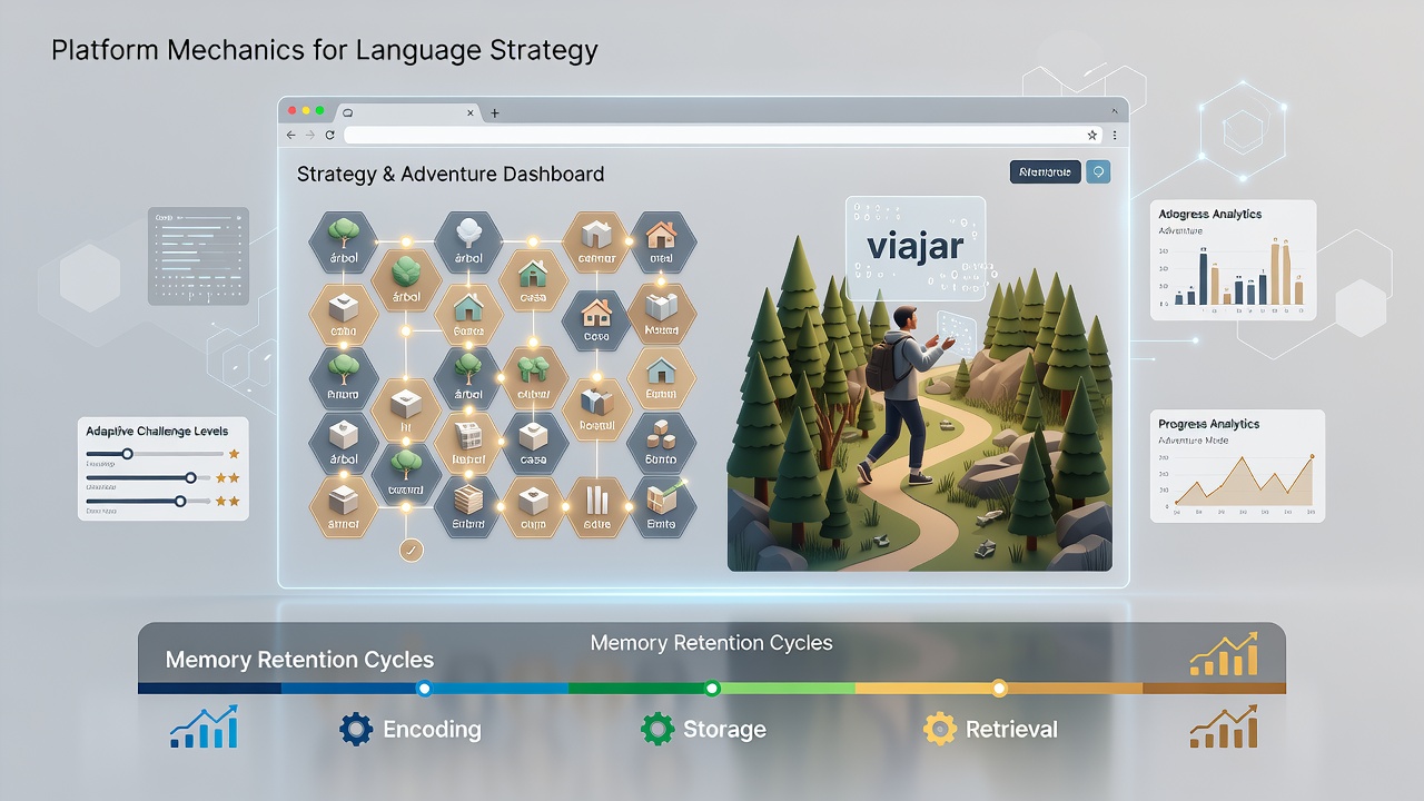 Browser-based strategy game interface showing puzzle elements integrated with vocabulary prompts for adult language learners