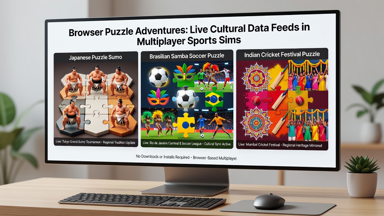 Browser interface displaying a puzzle adventure that blends cultural elements into a sports simulation