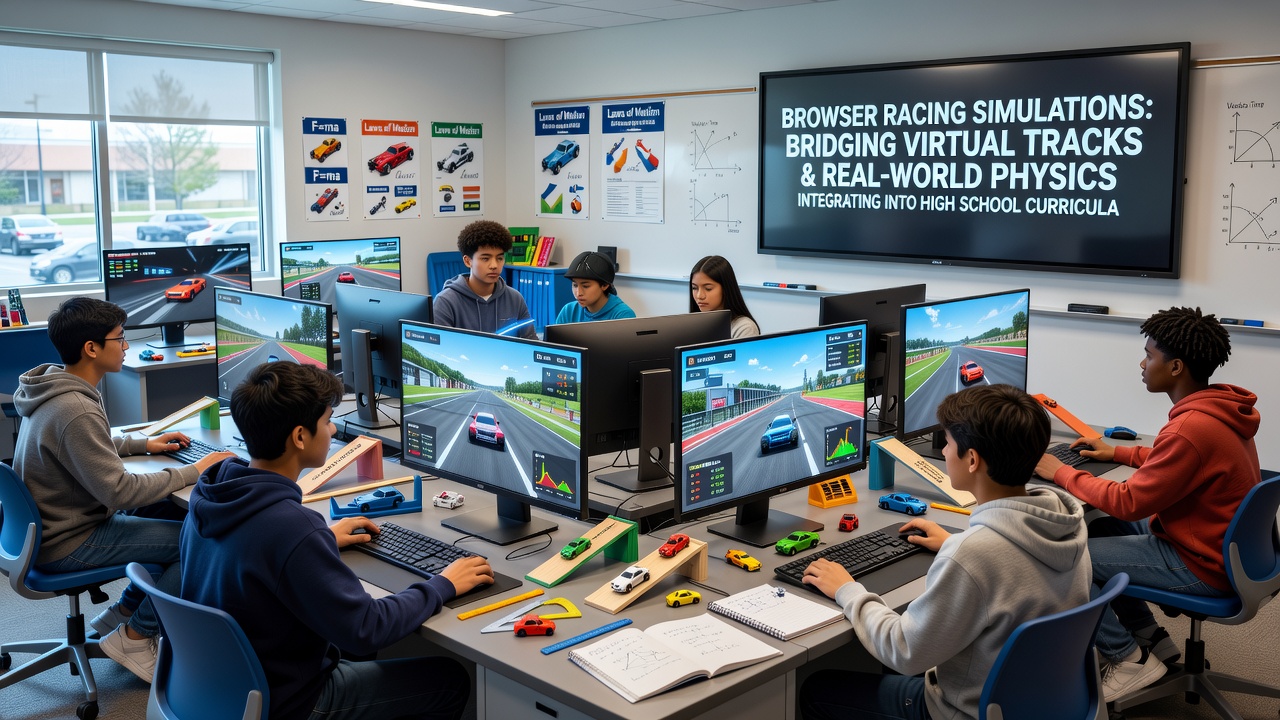 Students using browser-based racing simulations on laptops during a high school physics class to explore vehicle dynamics and track conditions