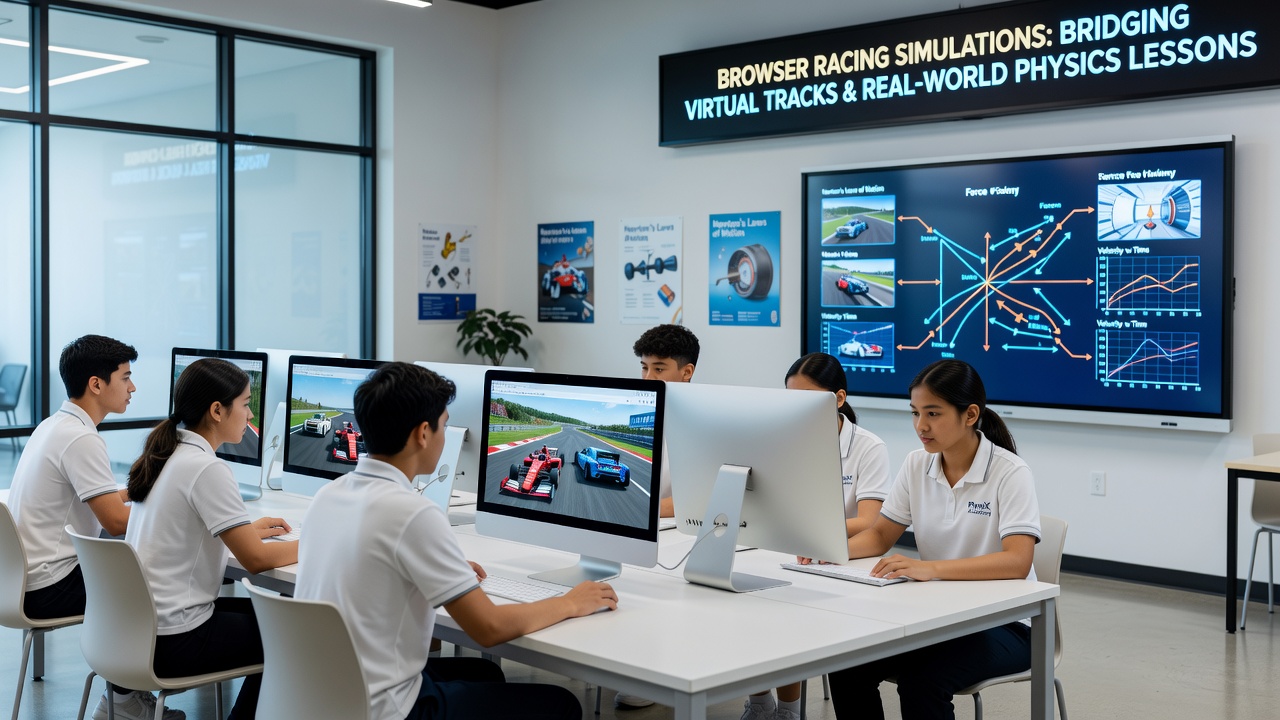 High school physics teacher demonstrating friction and momentum concepts using a browser racing simulation projected on a classroom screen