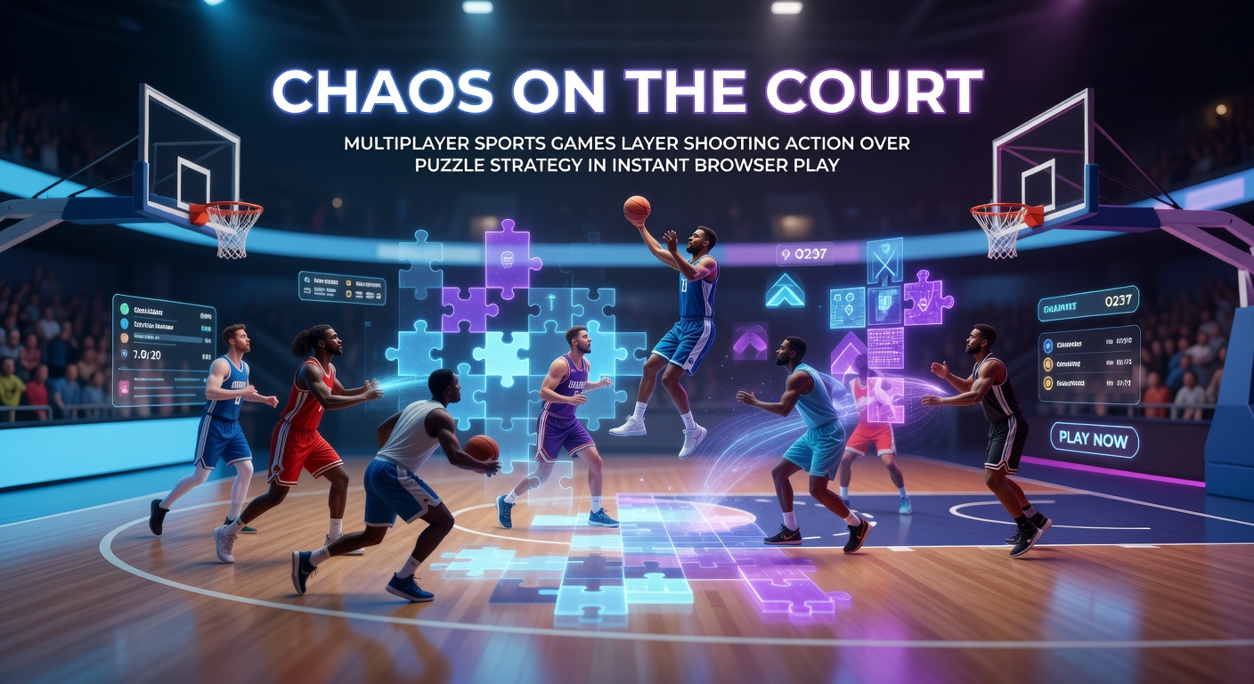 Players in a chaotic multiplayer basketball arena firing shots while solving puzzle patterns on the court
