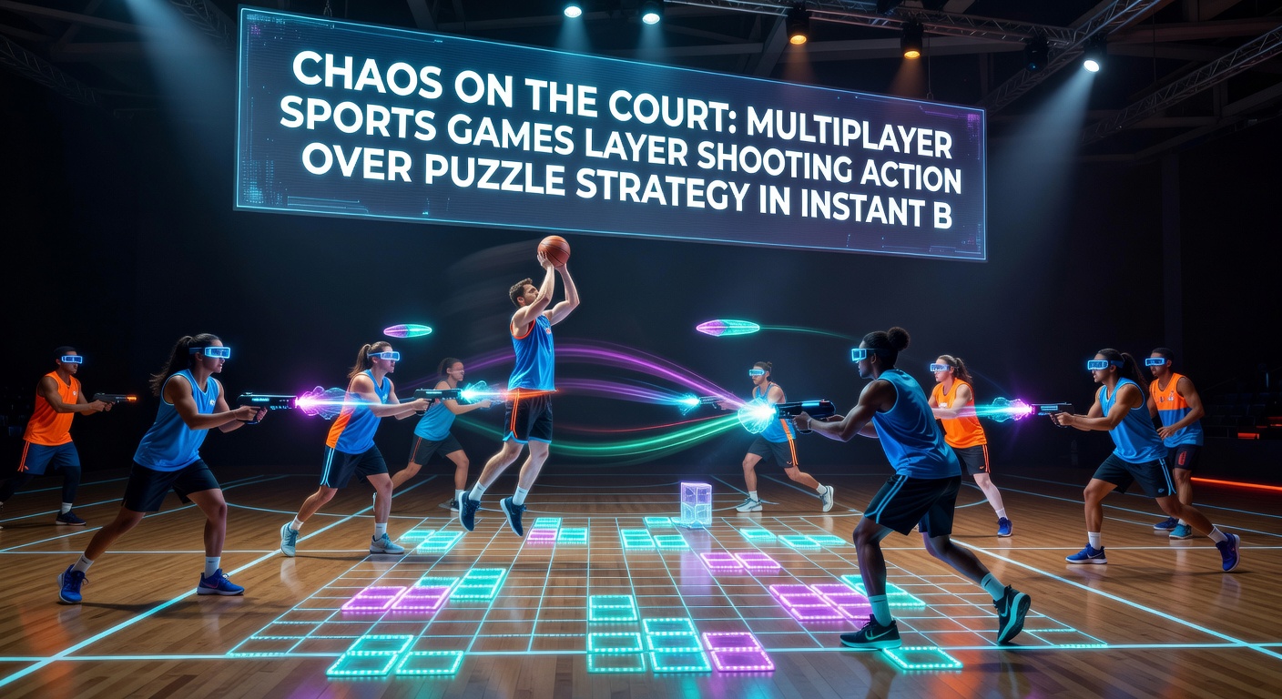 Intense four-player match showing puzzle gates unlocking via coordinated shooting plays on a neon-lit court
