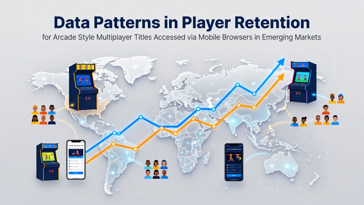 Mobile browser arcade multiplayer game interface showing retention metrics dashboard on a smartphone screen in an emerging market setting