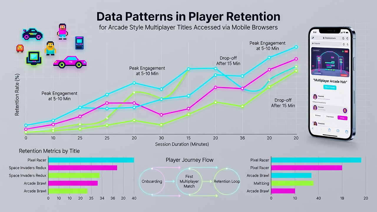 Analytics chart displaying player retention patterns over time for mobile browser arcade games in emerging markets