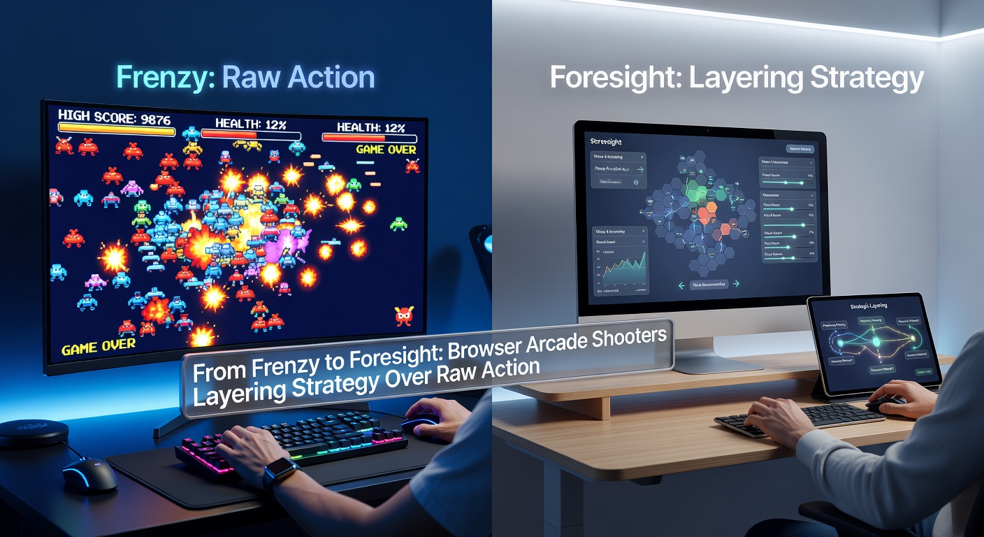 Close-up view of a browser shooter's strategy interface, featuring upgrade selection screens, enemy heatmaps, and wave prediction overlays during intense gameplay