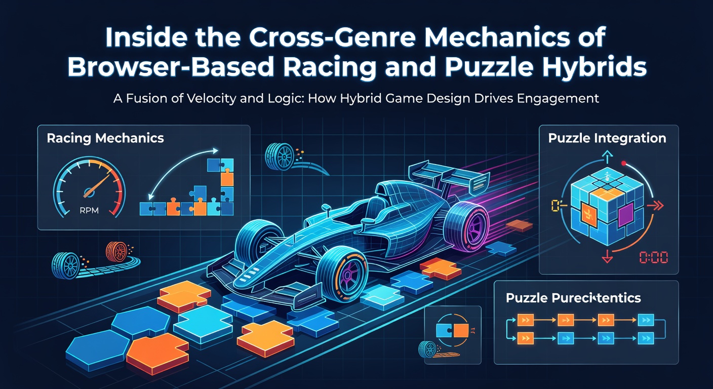 Browser-based racing puzzle hybrid game interface displaying a vehicle on a track integrated with logic-based puzzle gates and sequence challenges