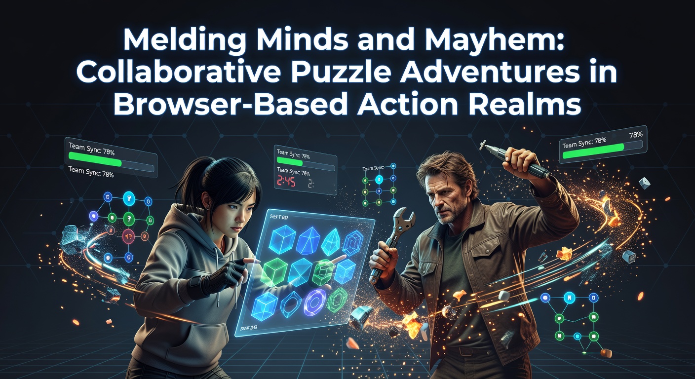 A group of players huddled over glowing puzzle interfaces amid explosive action chaos in a vibrant browser game world, symbols and hazards flying everywhere