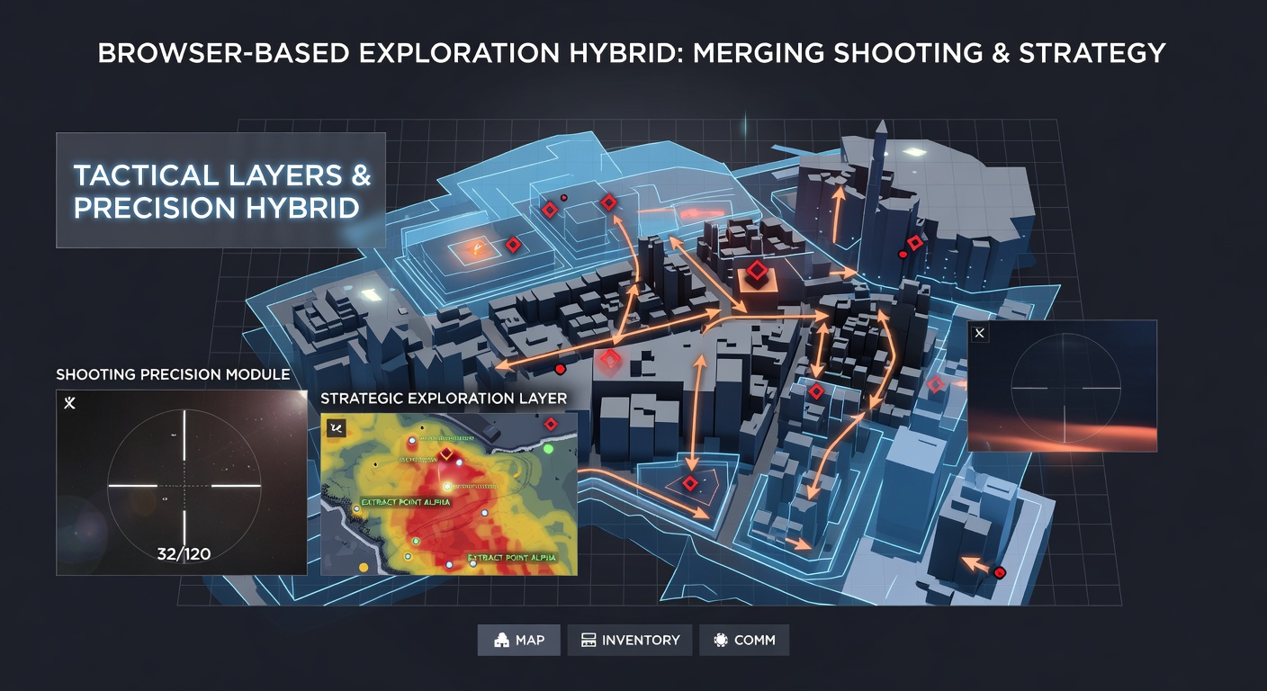 Strategic map view in a browser hybrid game combining shooting precision markers with sports-style team objectives