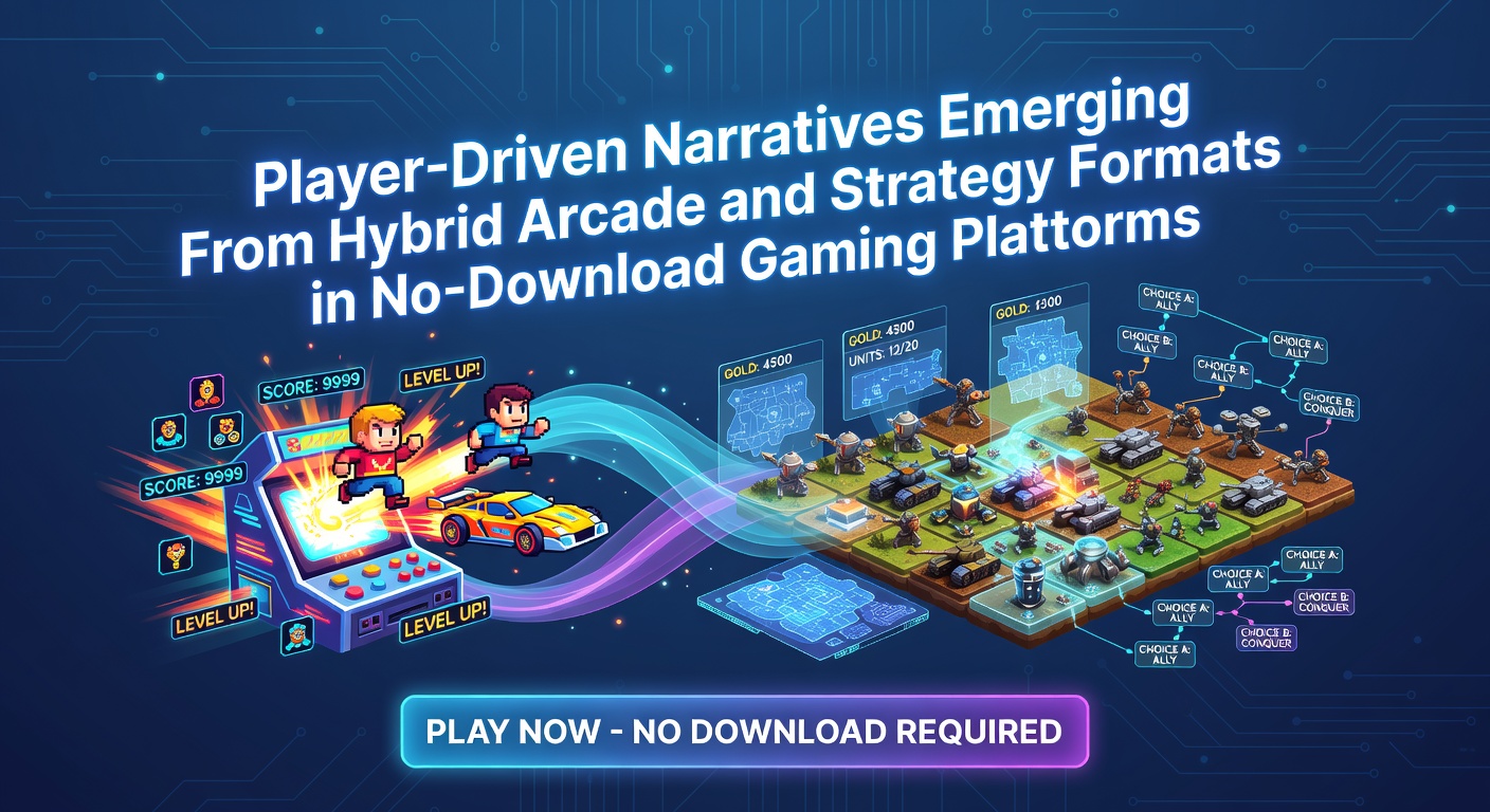 Browser-based hybrid arcade strategy game interface showing player choices in a no-download platform