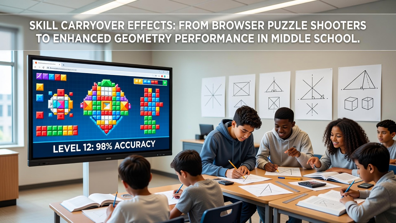 Middle school students engaging with browser-based puzzle shooter games that emphasize spatial targeting and pattern recognition