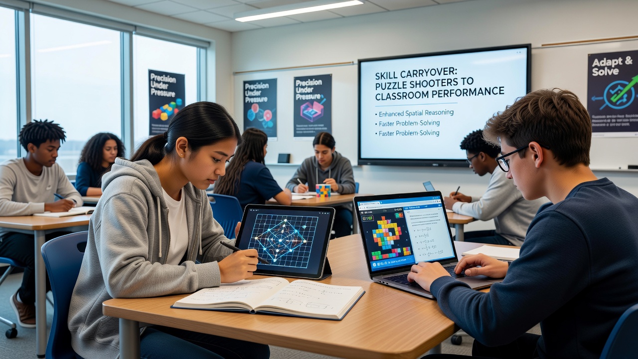 Classroom scene showing middle schoolers applying spatial reasoning skills during geometry exercises following game-based practice