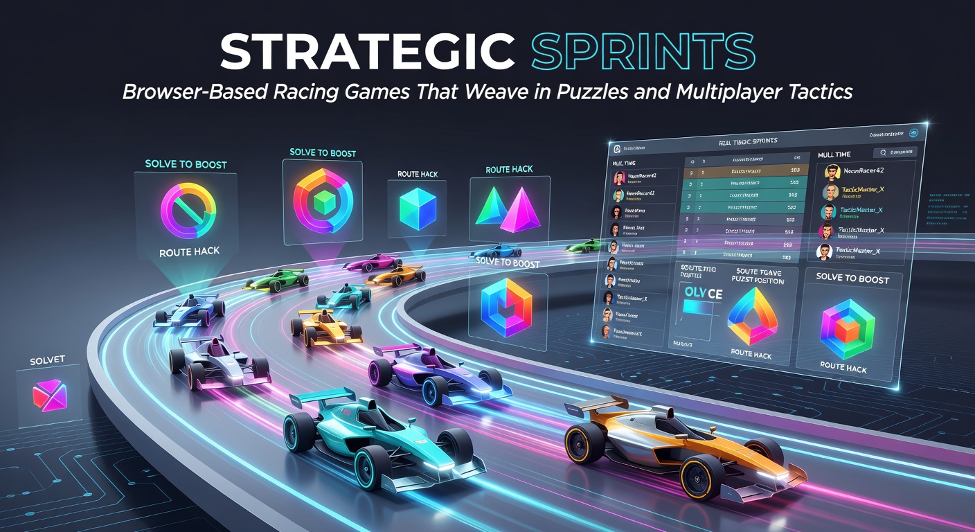 Screenshot of a browser-based racing game featuring puzzle elements and multiplayer tracks twisting through neon-lit circuits