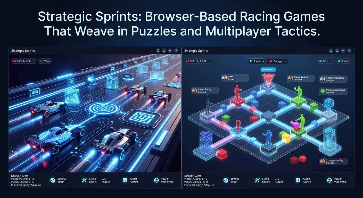 Multiplayer view in a strategic sprint game, showing players deploying tactics like traps and boosts on a puzzle-riddled racetrack