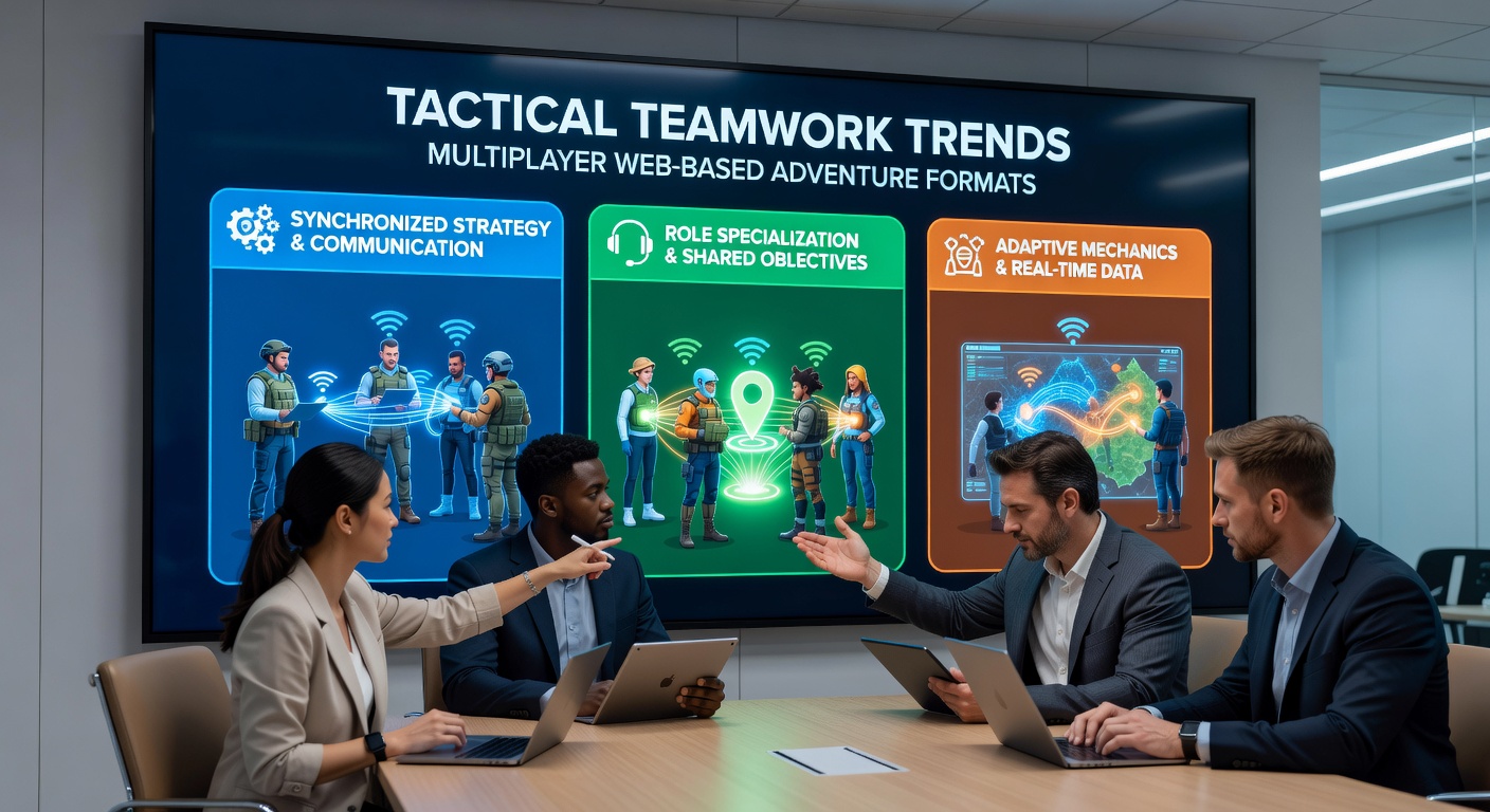 Group of adventurers executing a synchronized strategy in a web-based exploration title with highlighted team markers