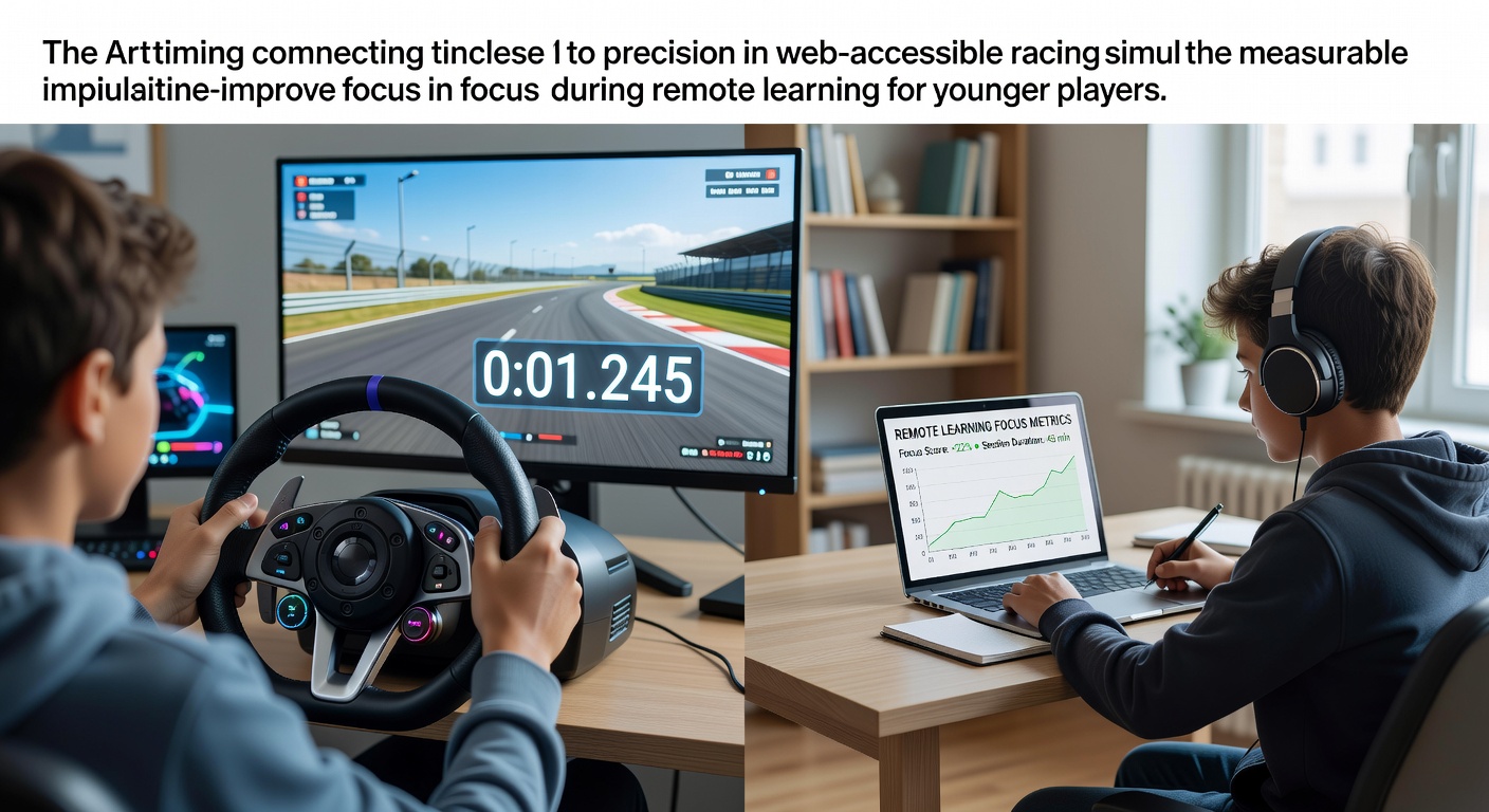 Young player engaged with a browser-based racing simulation on a laptop while taking notes during a remote learning break