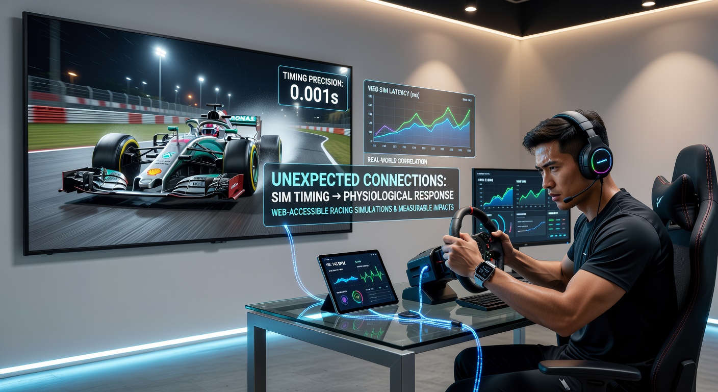 Split view showing a racing simulation interface alongside a remote classroom video call screen with focus indicators