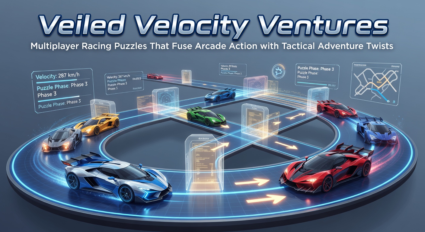 Dynamic screenshot of players in Veiled Velocity Ventures racing through neon-lit tracks riddled with shifting puzzles and tactical obstacles