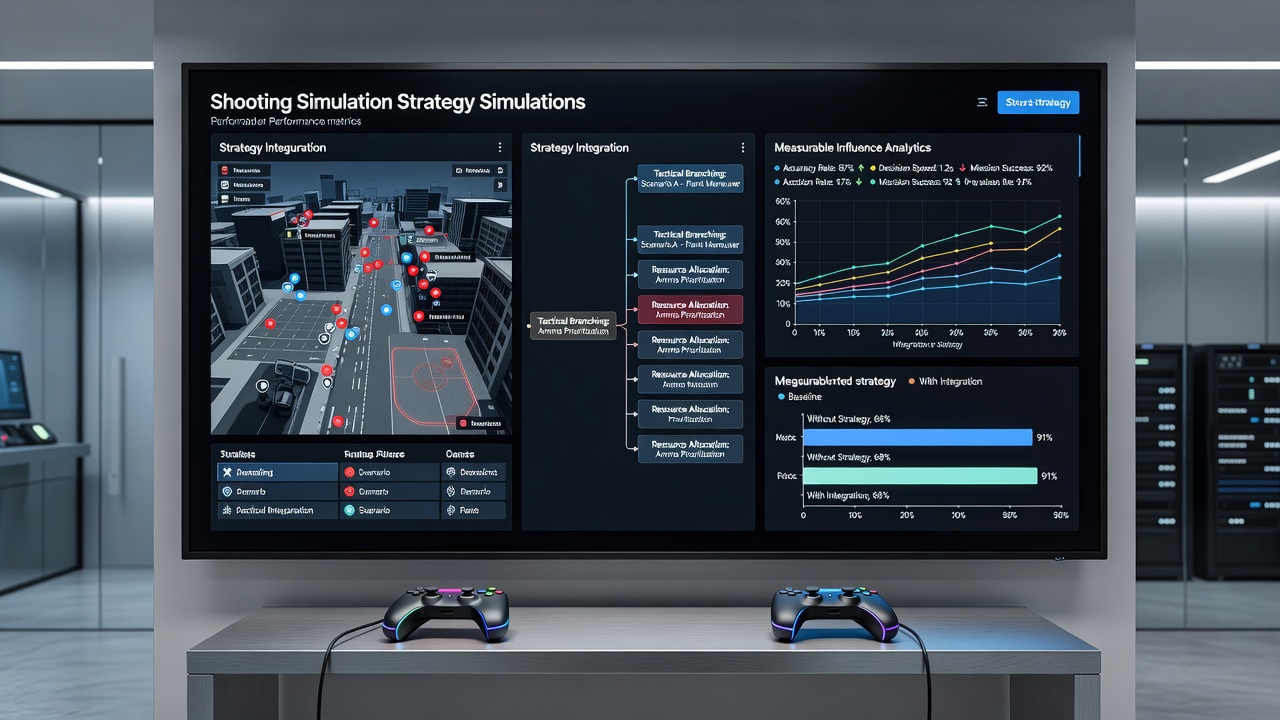Dashboard view showing performance metrics from a browser-based shooting simulation used in athlete training, including accuracy, decision time, and visual reaction scores